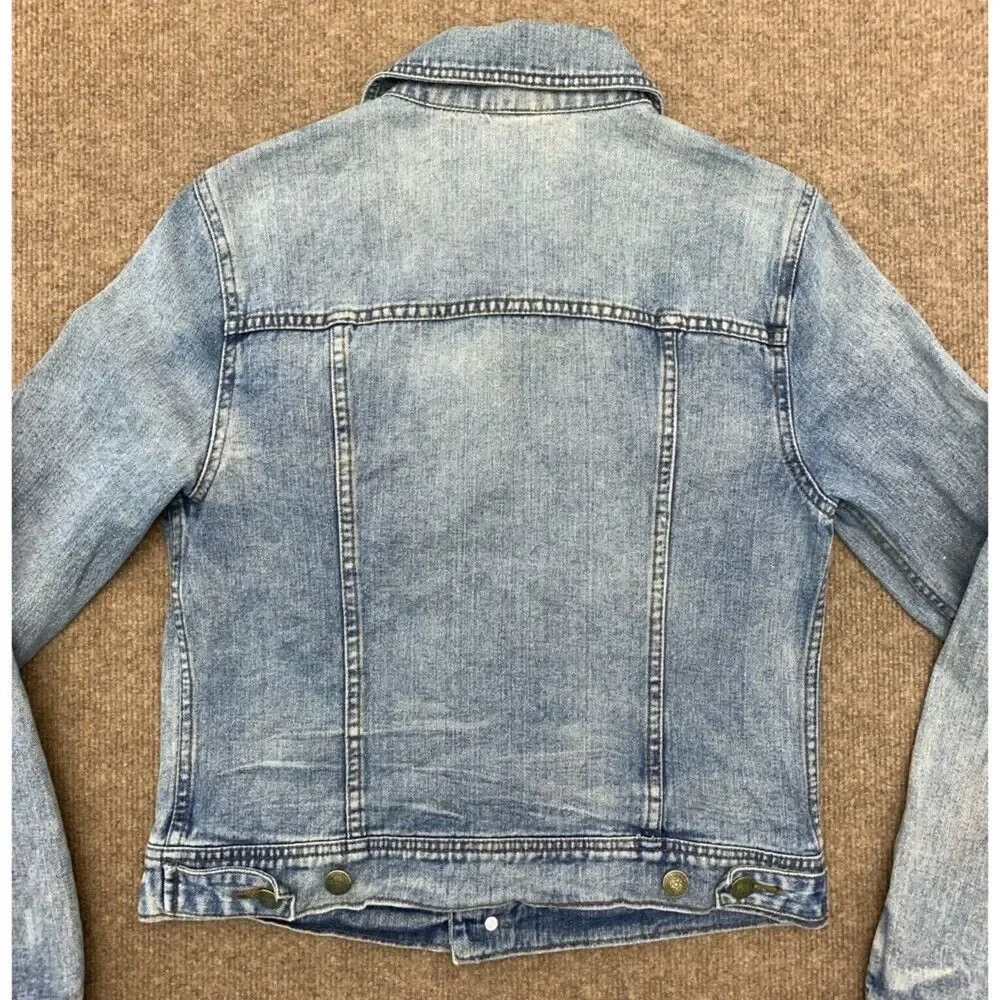 Free People Jacket Womens 6 Denim Trucker Distressed Fitted Cropped Pre-Washed - Picture 4 of 8